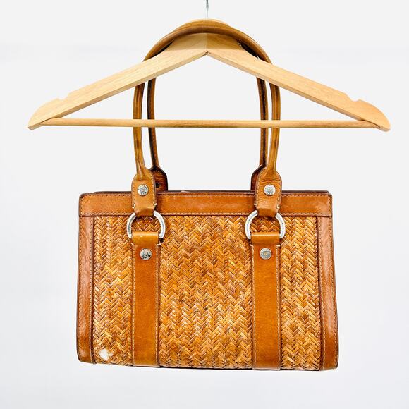 Michael Kors Tan Brown Woven Straw Leather Herringbone Tote Handbag - Picture 6 of 10